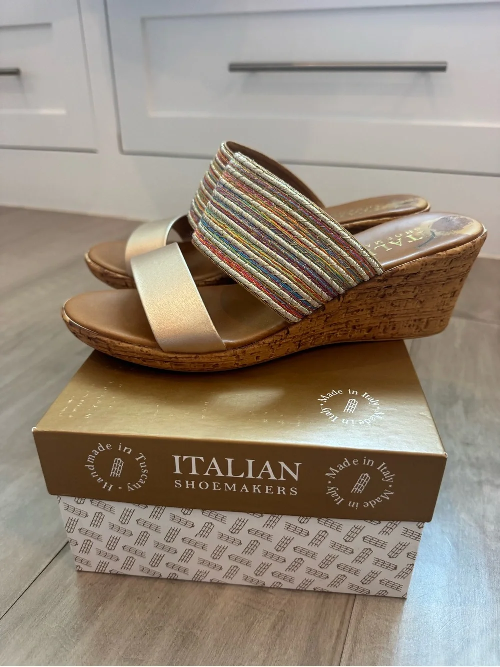 Italian Shoemakers Gold and Multicolor Wedge Sandals